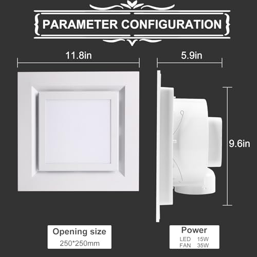Mmucco Bathroom Exhaust Fan with Light,144 CFM 1.0 Sones Double Switch Ultra Quiet Bathroom Vent Fan Square White for Home Bath Office Hotel LED 15w,Fan 35w 110V