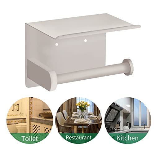 VAEHOLD Self Adhesive Toilet Paper Holder with Phone Shelf SUS 304 Stainless Steel Wall Mounted Toilet Paper Roll Holder - Rustproof and Bathroom Washroom Tissue Roll Holder with Shelf -Beige