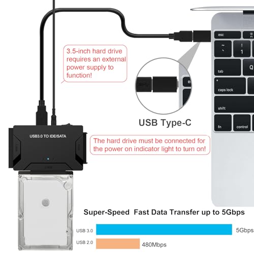 EYOOLD USB 3.0 to SATA IDE Adapter, Hard Drive Reader External Ultra Recovery Converter Compatible with 2.5" 3.5" HDD, SSD,5.25-inch DVD/CD-ROM Optical Drive Data Transfer with Power Supply