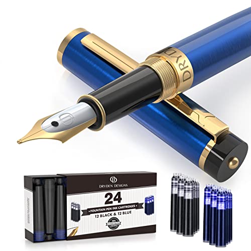 Dryden Designs Fountain Pen Medium Nib Gift Pouch - with 24 Ink Cartridges - MCM (Blue)