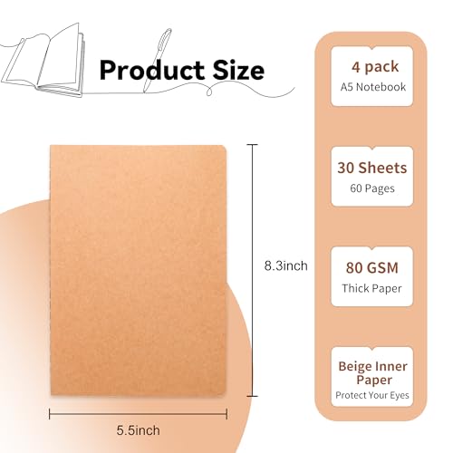 12 Pieces Blank Kraft Notebooks, 8.3x5.5 Inches A5 Small Journals Bulk Blank Notebooks 80 GSM Unlined with 60 Pages for Kids Students School Office Traveler Sketching/Drawing/Writing Supplies,30 Sheets