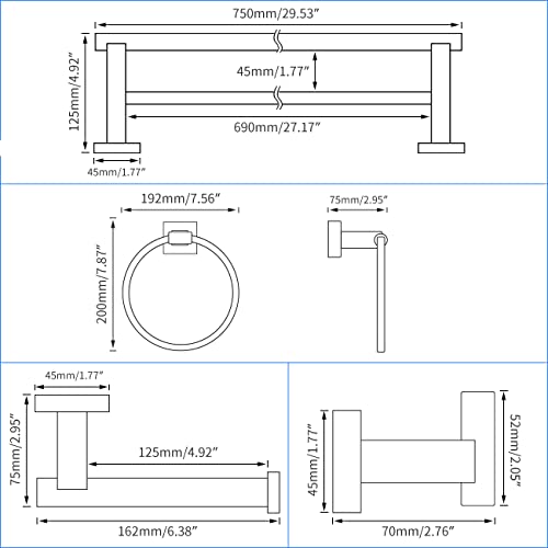 Hoooh 5-Piece Bathroom Accessories Set Brushed Stainless Steel Wall Mount - Includes Double Towel Bar, Towel Ring, Toilet Paper Holder, 2X Robe Hooks, BS101S5-BN