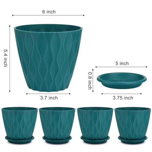 YNNICO 6 inch Plant Pots, 5 Pack Flower Pots Outdoor Indoor, Planters with Drainage Hole and Tray Saucer.
