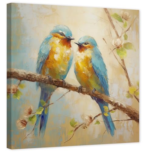 DOARTDO Bird Canvas Wall Art Blue Yellow Bird Painting Flower Bird on Tree Branch Picture Print for Living Room Home Decor Frame (Bird - 1,12.00" x 12.00")