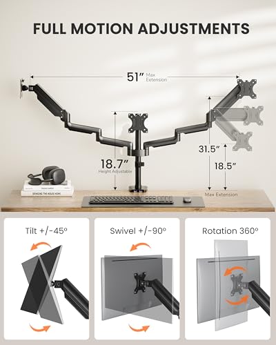 ErGear Triple Monitor Mount for 13-27 inch Screens, Gas Springcore Triple Monitor Arm with USB, Heavy Duty Triple Monitor Stand with Tilt, Swivel, Rotation, Holds Up to 17.6 lbs Each Arm