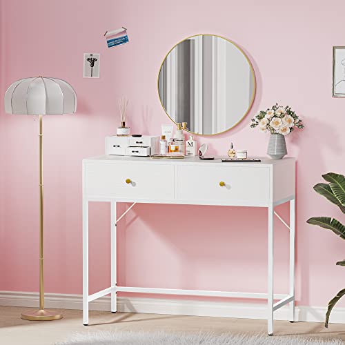 SUPERJARE 39.4" White Desk with 2 Drawers, Modern Makeup Vanity Desk, Small Computer Desk Home Office Desk for Writing Study Bedroom