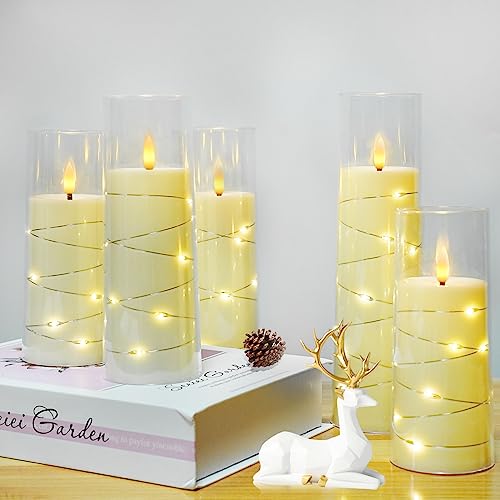 kakoya Flameless LED Candles with Timer 5 Pc Flickering Flameless Candles for Romantic Ambiance and Home Decoration Stable Acrylic Shell,with Embedded Star String,Battery Operated Candles(Orange)
