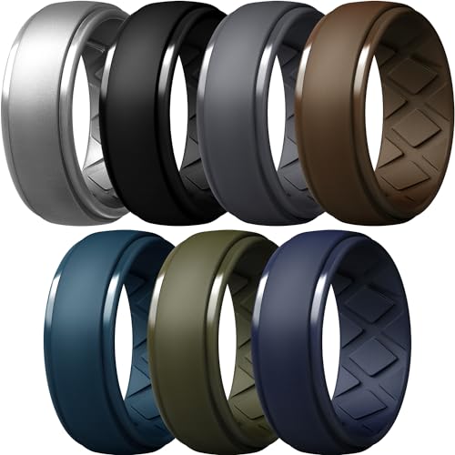 Egnaro Silicone Ring for Men 1/4/7 Multicolored Rubber Wedding Bands, Breathable Pattern for Gym Workout, 8.5 mm Wide and 2.5 mm Thick