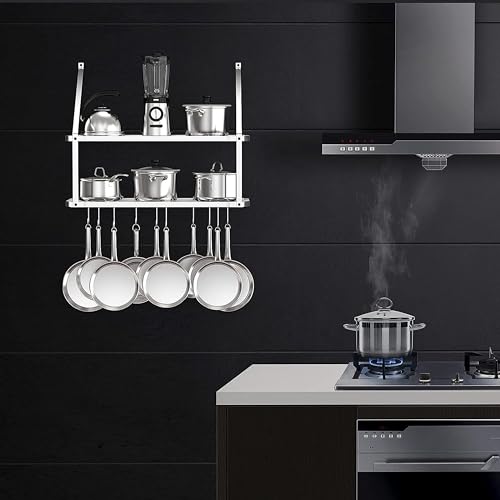 Vdomus Hanging Pot Rack - Rustproof Wall Mounted Pot Rack Pan Hanger for Kitchen Storage & Organization - Durable, Thick Iron Material - Easy Setup 2-Tier Pot Shelf Wall Mount Pot Holder - Black