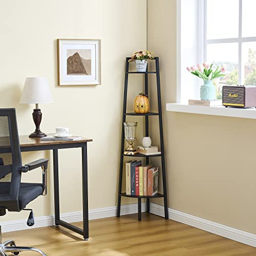 Hoctieon Corner Shelf, 4-Tier Corner Bookshelf, Rustic Corner Ladder Shelf, Industrial Display Shelf for Living Room, Kitchen, Home Office, Balcony, Small Space, Metal Frame, Black