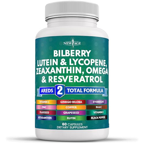 NEW AGE Eye Health Vitamins with Bilberry 6000mg Lutein & Zeaxanthin 40mg Lycopene 40mg Resveratrol 3000mg Grape Seed Extract 6000mg Astaxanthin - Eye Vitamin - 60 Count