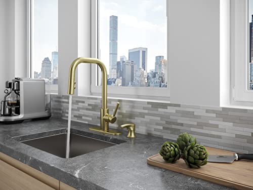Pfister Zanna Kitchen Faucet with Pull Down Sprayer and Soap Dispenser, Single Handle, High Arc, Brushed Gold Finish, F5297ZNRBG