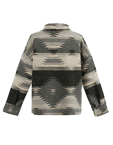 COWOKA Women's Vintage Aztec Print Pattern Loose Shacket Button Down Long Sleeve Woolen Jacket Shirts Coat Black S