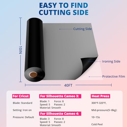 HTVRONT Black HTV Heat Transfer Vinyl - 12" X 40FT Black Iron on Vinyl for Cricut & Other Cutting Machines, Black HTV Vinyl Black Heat Transfer Vinyl for T Shirts - Easy to Use for Heat Vinyl Design