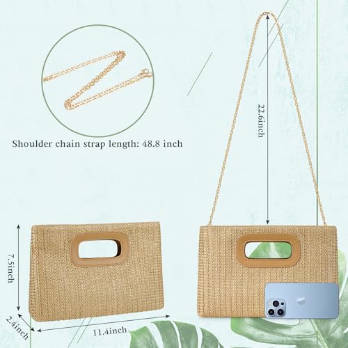 Top Handle Straw Clutch Handbags for Women, Summer Shoulder Crossbody Bag Raffia Evening Bag Woven Clutch for Beach, Travel, Parties, Beige