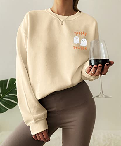 LOTUCY Oversize Halloween Sweatshirt Women Cute Spooky Season Sweatshirts Ghost Fall Embroidered Sweater Pullover Top