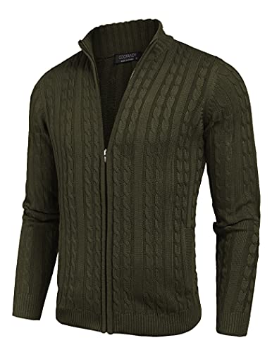 COOFANDY Men's Zip Up Cardigan Sweater Stand Collar Slim Fit Cable Knit Full Zip Sweater Jacket with Pockets Light Brown