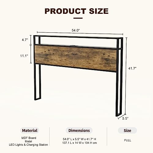 IKIFLY Full Size Storage Headboard with LED Lights & Charging Station - Industrial Metal and Wood Full Headboard Only for Bedroom, Attach Frame, Easy Assembly - Rustic Brown