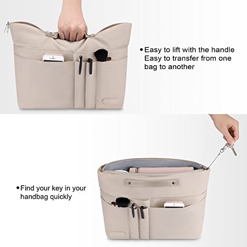 HyFanStr Purse Organizer Insert for Handbags,Tote Bag Organizer Insert Zipper Bag for Women, Handbag Organizer Inside Liner with 15 Pockets, Beige