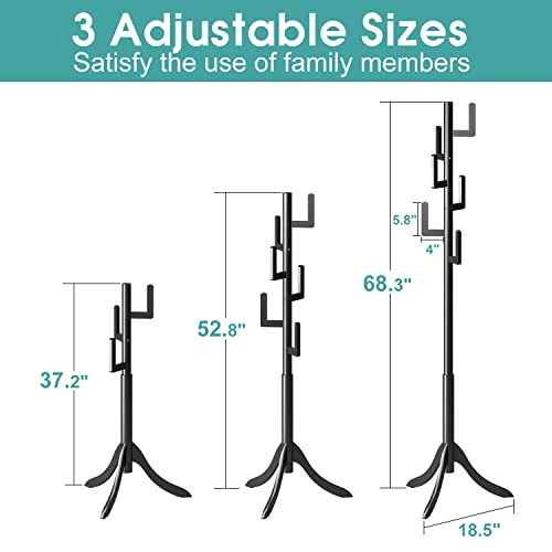 Vriccc Black Coat Rack Freestanding, Bamboo Cactus Coat Tree, Adjustable Height Wooden Coat Stand with 6 Hooks, kids coat rack, Used In The Bedroom Living Room, Office To Hang Clothes, Hats, Bags