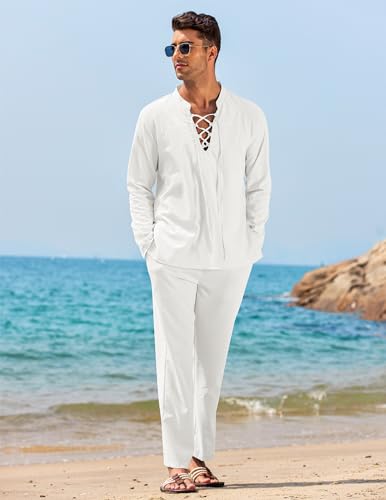 COOFANDY Men's 2 Piece Linen Set Long Sleeve Henley Shirts Casual Beach Pants With Pockets Summer Yoga Outfits