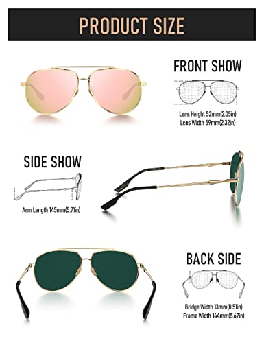 LUENX Aviator Sunglasses for Women Men Polarized - UV 400 Protection Purple Mirrored Lens Metal Frame with Accessories
