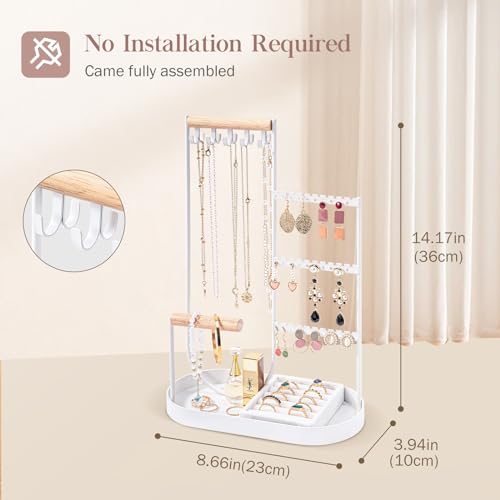 ProCase Jewelry Organizer Jewelry Holder Jewelry Stand with Velvet Ring Tray and Study Metal Frame, Necklace Holder Organizer Bracelet Display Storage Rack for Studs Rings -White