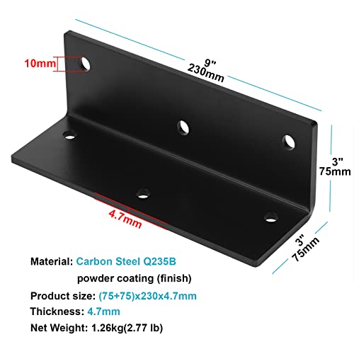 eoere 2 PCS 9" x 3" Heavy Duty Steel L Angle Brackets, Countertop Support Fireplace Mantel Brackets, 3/16" Thickness, Max Load 300 lbs