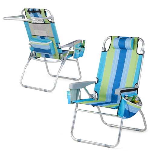 VINGLI Backpack Beach Chair 2 Pack, with 5-Position, Cup Holders, Cooler Bag, Towel Bar, Lightweight Folding Beach Camping Chairs for Adults(Blue-13)