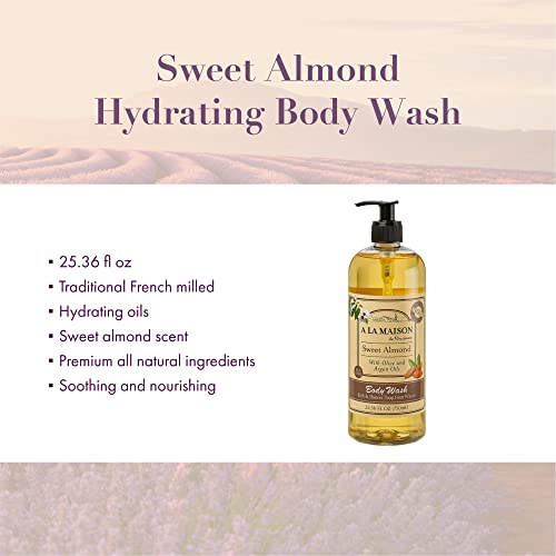 A LA MAISON French Hydrating Liquid Body Wash, Sweet Almond - Natural Body Wash Made with Essential Oils - Biodegradable, Plant-Based, Vegan, Cruelty-Free, Alcohol & Paraben Free (25.36 oz, 1 Pack)