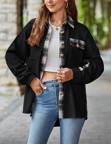 Zontroldy Women's Long Sleeve Button Down Waffle Shirt Shacket Fall Plaid Jackets with Pockets(1108-Gray-S)