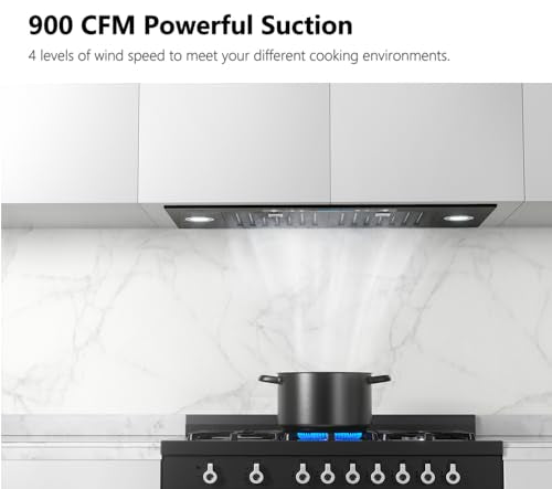 IKTCH 30 inch Black Built-in/Insert Range Hood, 900 CFM Ducted/Ductless Stainless Steel Kitchen Vent Hood with 4 Speed Gesture Sensing&Touch Control Panel(IKB01-30-BSS)
