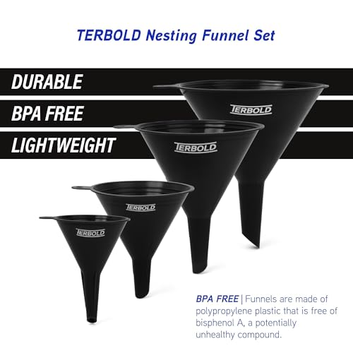 Terbold 4pc Funnel Nesting Set in BPA Free Plastic for Kitchen Cooking, Car Oil, Home, or Lab Use (Black)