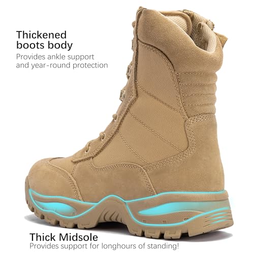 WIDEWAY Men's/Women's Tactical boots 8 Inches Combat Military Work Desert Leather boots with Side Zipper