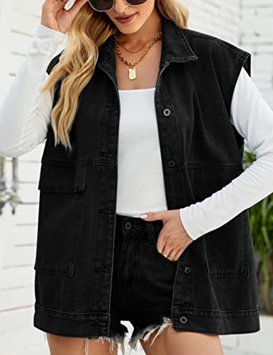 Zontroldy Denim Jean Vest for Women Oversized Sleeveless Button Down Denim Jean Vest Waistcoat Shacket Jacket (0170-Pink-L)
