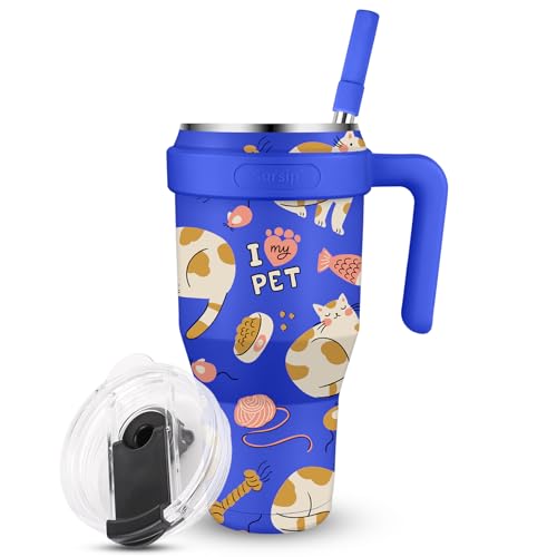 Sursip 40 oz Insulated Tumbler with Screw Lid - Stainless Steel Vacuum Cup with Straw and Handle, For Cold/Hot Drinks - Sweat/Leak Proof, Fits Cup Holder, Ideal Gifts for Women/Men (White Leopard)