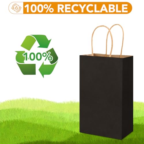 XPCARE 100Pcs Paper Gift Bags 5.25x3.25x8.25'', Small Paper Bags with Handles Bulk, Kraft Paper Bags for Birthday Party Favors, Shopping, Retail(Black)