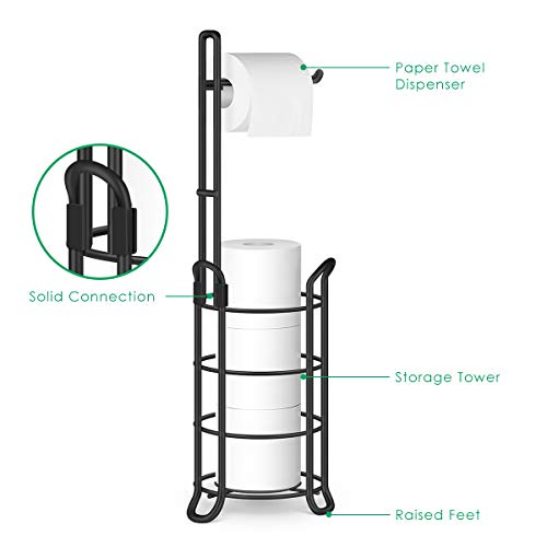 TomCare Toilet Paper Holder Toilet Paper Stand and Dispenser for 3 Spare Rolls Metal Wire Free-Standing Toilet Tissue Paper Roll Storage Shelf Bathroom Accessories Storage Organizer Black