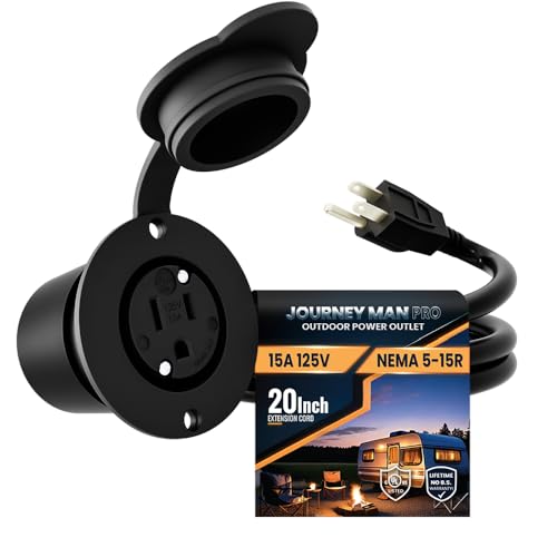 15A Weatherproof Outdoor Power Outlet by Journeyman-Pro 15 Amp 125 Volt NEMA 5-15R Receptacle Kit with Integrated 20" Inch Extension Cord + Waterproof Rubber Cover (GCR1-BLACK)