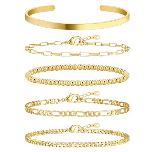 Wowshow Gold Bracelets for Women Bracelet Stack Set 14K Real Gold Plated Link Charm Bracelet Dainty Link Chain Stackable Charm Bracelets Adjustable Bangle Cuff Bracelet Pack Jewelry Gifts for Women 6.0 Inch