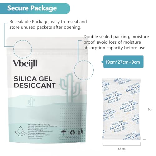 Vbeijll Premium 50 Gram 5 Pcs Desiccant Silica Gel Packets with Color Indicating - Rechargeable Moisture Absorbers for Food Grade Silica Packs for Foods, Seeds, 3D Filaments, Electronics, Safes