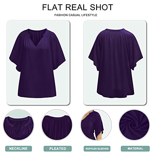 HDLTE Women's Plus Size Tops Pleated Petal Cap Sleeve Lace Trim V Neck Shirt 2023 Fashion Dressy Casual T-Shirts(05_F-Black,XL)