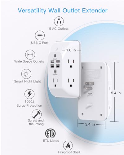 Multi Plug Outlet, Outlet Extender with 4 USB Ports (2 USB C) and Night Light, 1050J Surge Protector, Wall Mount, Outlet Splitter for Bathroom Kicthen Camper Dorm Room Essentials