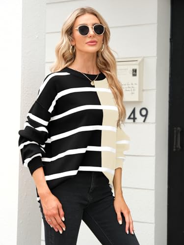 Fisoew Womens Striped Pullover Sweater Crew Neck Long Sleeve Knitted Color Block Casual Loose Lightweight Sweaters for Women Army Green