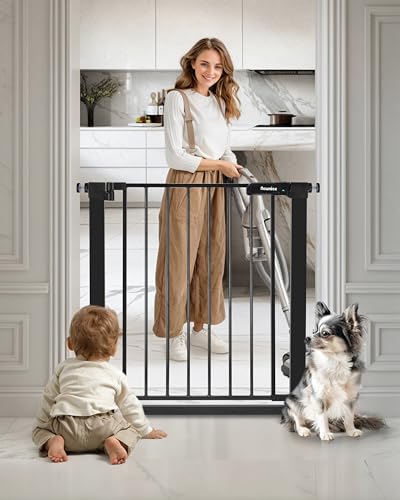 Newnice 29.7"-32.3" Narrow Baby Gate,Easy Install with Auto Close, Fit for Small Stairs & Doorways, Pressure Mounted Gate with Door, No Drill Wall Protected, Pet Gate for Dog,Cat, No Extensions,Black
