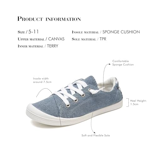 FUNKYMONKEY Women's Canvas Sneakers, Classic Low Top Comfort Lace up Slip-On Casual Flat Walking Shoes (6 M US, Denim/JD)