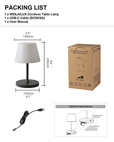 WEILAILUX Outdoor Battery Operated Table Lamp Waterproof, 4000mAh Cordless Table Lamp Rechargeable, Touch Dimmable Desk Lamp, LED Night Light for Patio Camping Restaurant Home, H9.6in, Orange