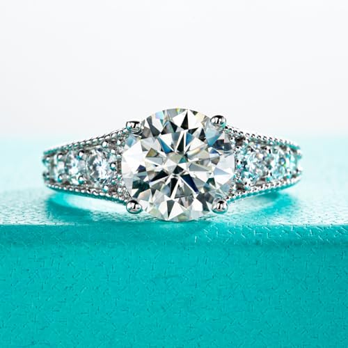 AnuClub 3.8cttw Round Cut Halo Moissanite Engagement Rings D Color VVS1 Round Cut 14K White Gold Plated 925 Sterling Silver Anniversary Wedding Promise Ring, Christmas Gift for Women 10