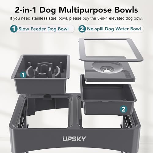 UPSKY 2-in-1 Elevated Dog Bowls Slow Feeder, 4 Height Adjustable Raised Dog Bowl Stand No Spill Dog Water Bowl Dispenser, Anti-Slip Dog Food and Water Bowl for Small Medium Dogs