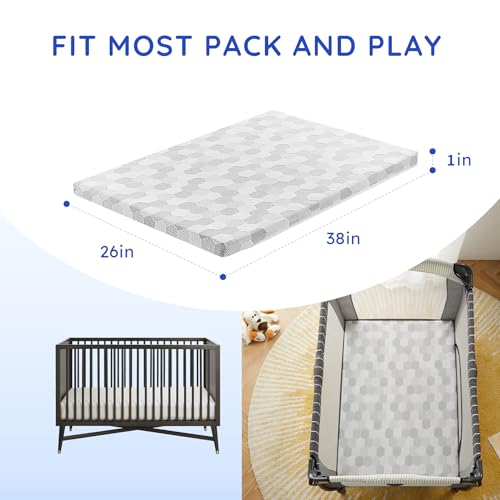 ELFXROS Waterproof Pack and Play Mattress Pad, Comfort Foam Pack N Play Mattresses Topper, Breathable Baby Playpen Mattresses, Playard Mattress for Pack and Play - Removable Washable Cover, 38"x26"x1"